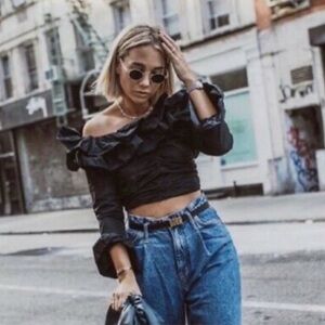 NWT Zara luxury party holiday minimalist gathered off shoulder black crop top